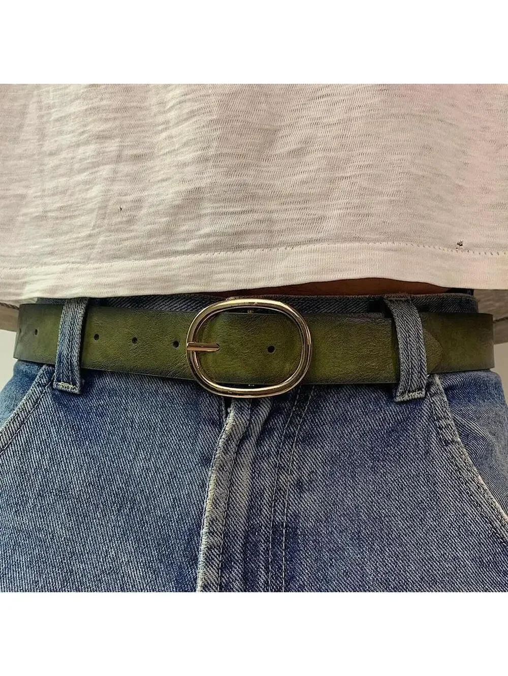 Faded Green leather belt with Gold oval belt buckle. Very cool unique belt. Y2k
